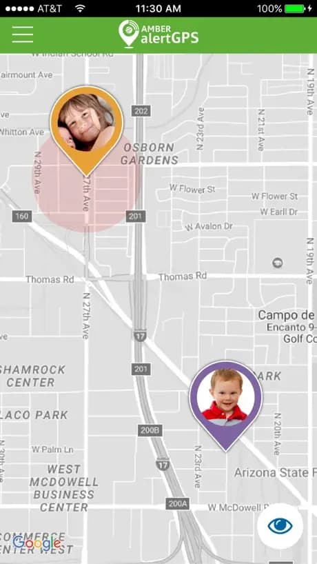 Amber Alert GPS App Store demo showing family device markers and a map zone.