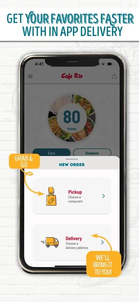 Cafe Rio ordering screen showing pickup and delivery options.