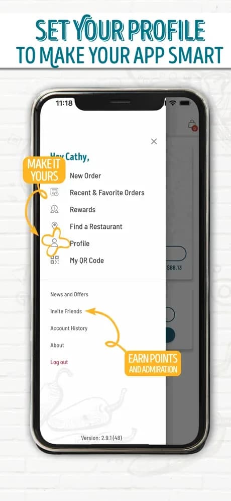 Cafe Rio profile menu with recent orders, rewards and favorite locations.