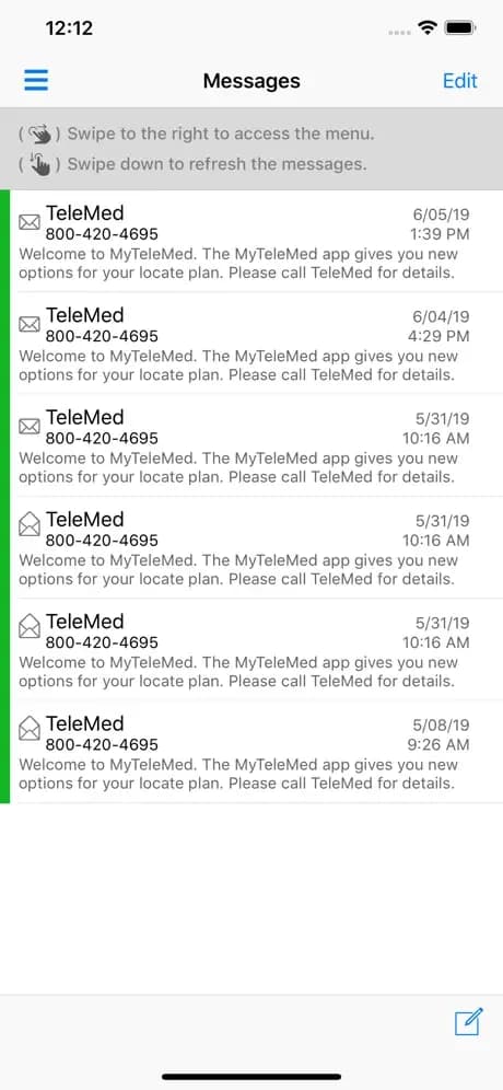 MyTeleMed demo inbox with message dates and caller information.
