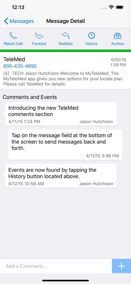 MyTeleMed published demo message with return-call, forward and history controls.