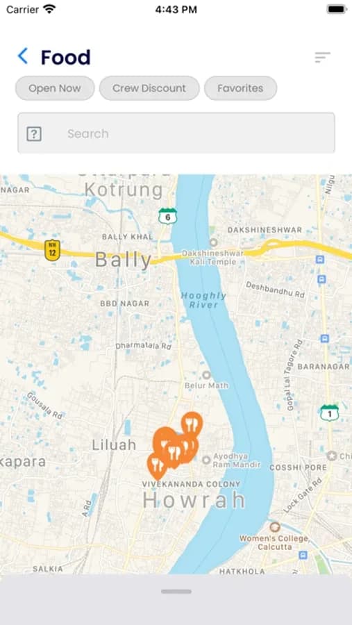 Crews food-discovery map showing published restaurant locations.