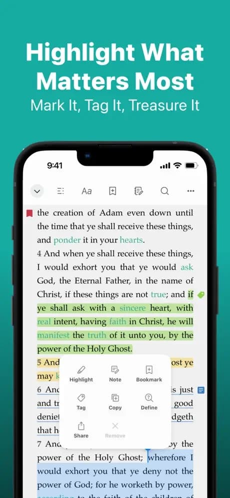 Deseret Bookshelf reader with highlight and annotation controls.