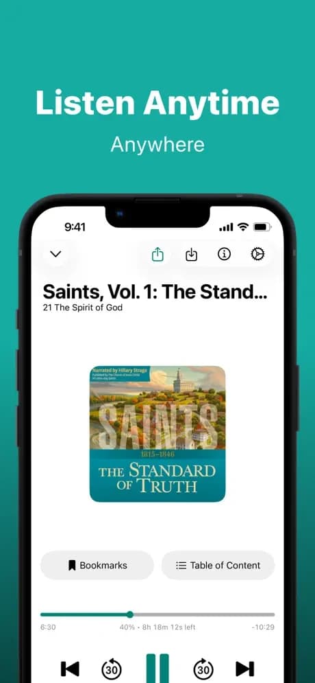 Deseret Bookshelf audio player with playback and chapter controls.