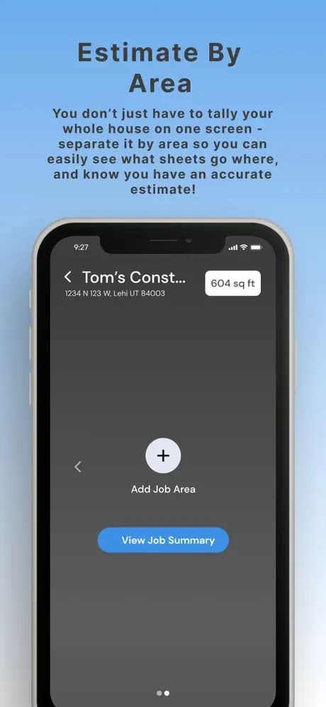 Drywall Genie job-area screen with area creation and job summary controls.