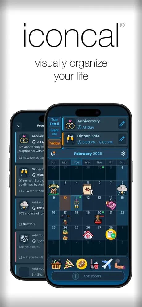 IconCal calendar with visual event icons and a monthly overview.