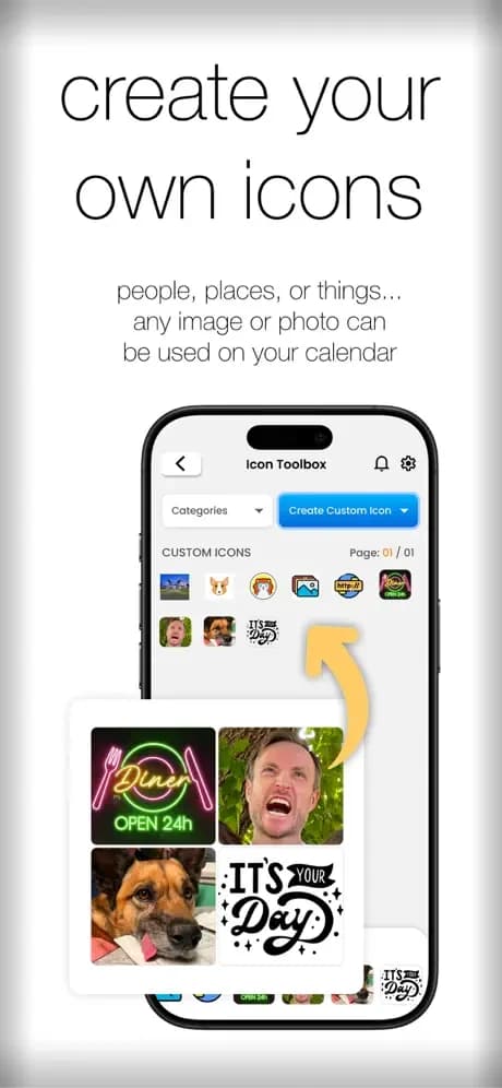 IconCal custom icon toolbox shown in the official app gallery.