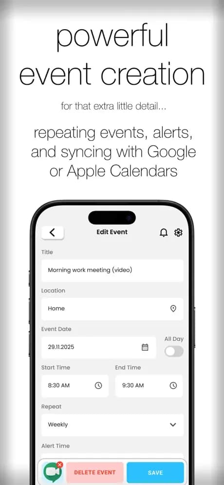 IconCal event editor with date, time and repeat controls.