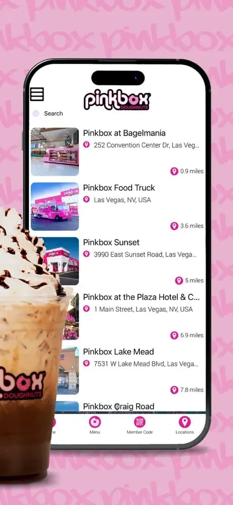 Pinkbox Doughnuts location list with store addresses and distances.