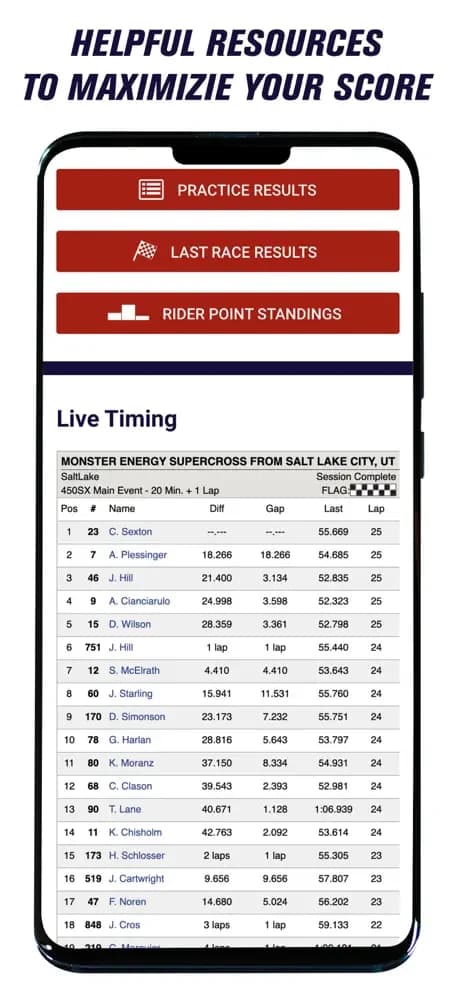 RMFantasy resources screen with race results and rider standings.