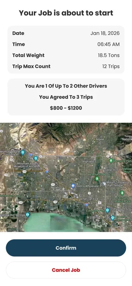 TEN4-client job confirmation showing date, weight, trips and route map.