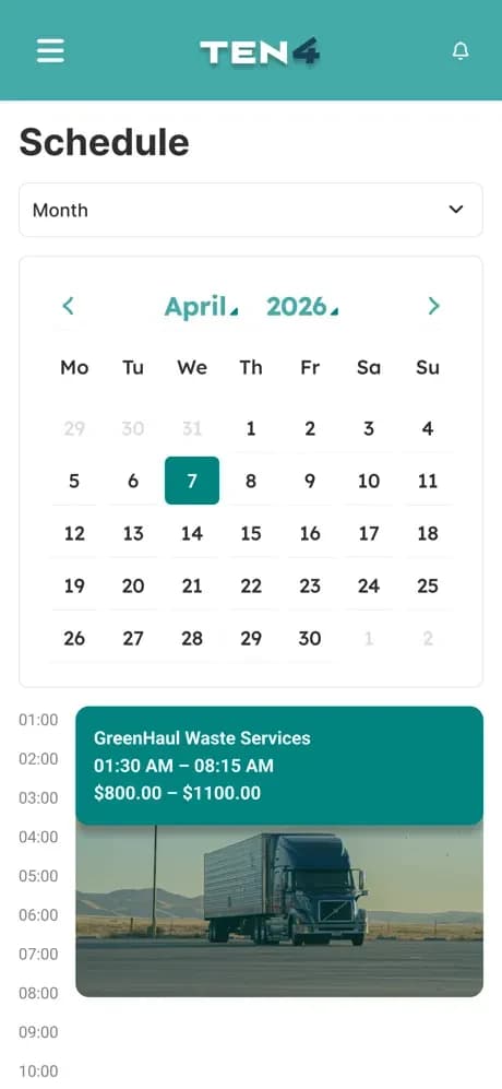 TEN4-client monthly calendar with a scheduled hauling job.