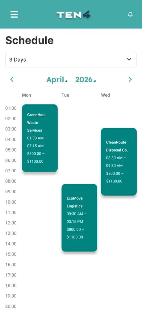 TEN4-client three-day schedule with hauling jobs arranged on a timeline.