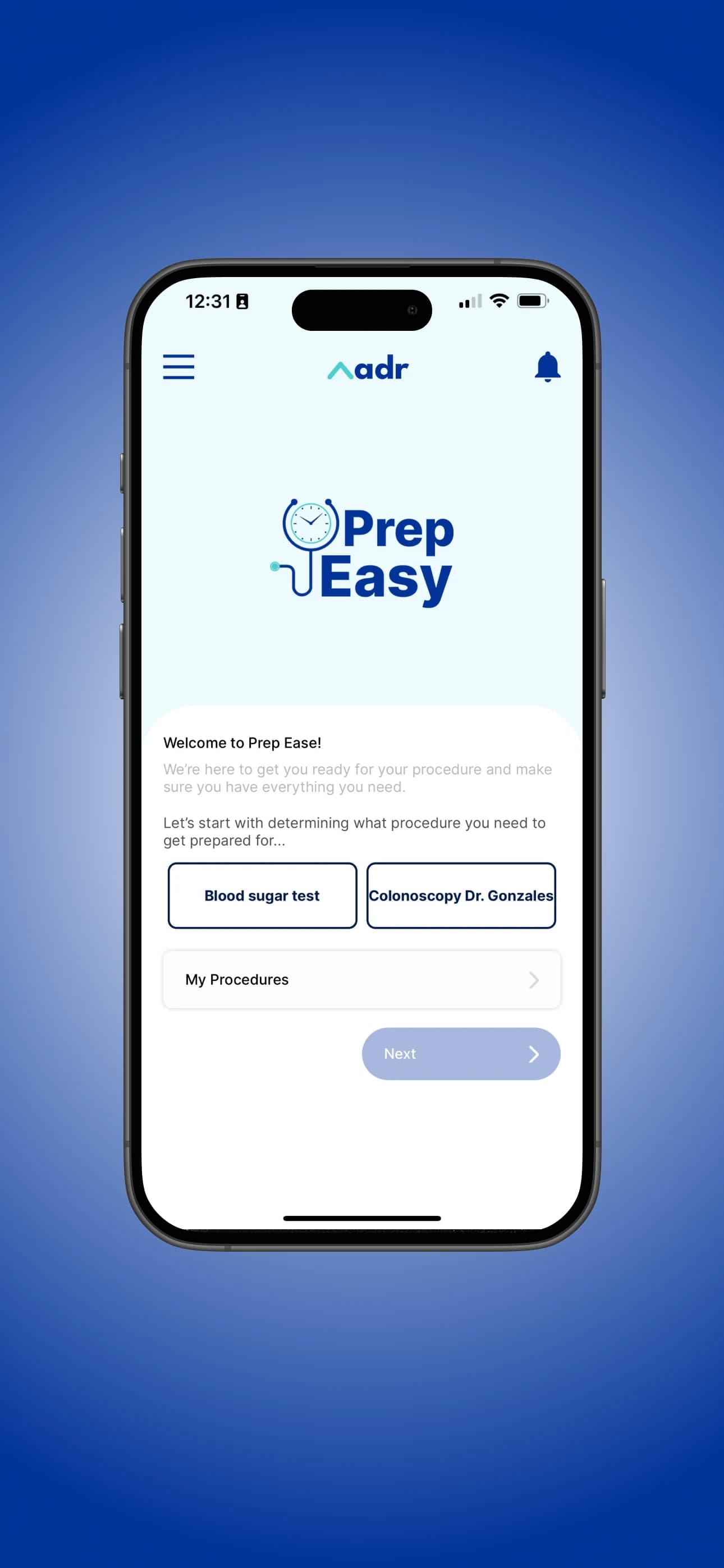 Prep Easy original app view with a procedure selector and My Procedures list.
