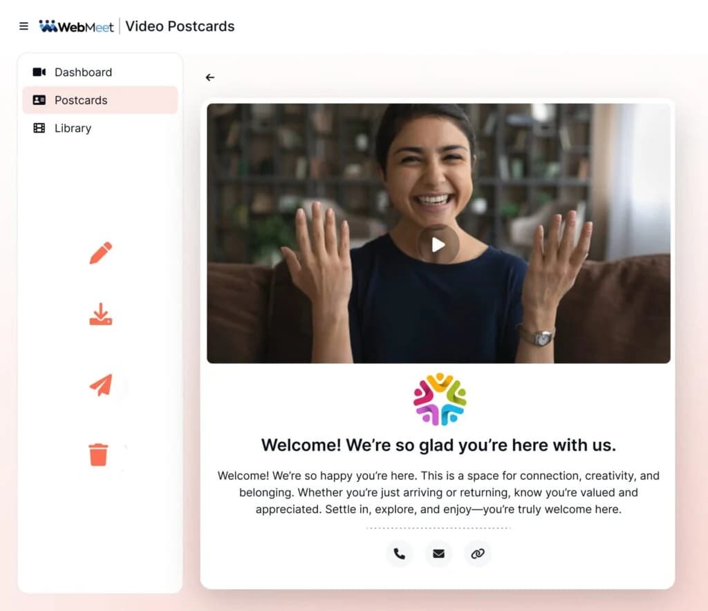 WebMeet published Video Postcards interface with a branded welcome video.