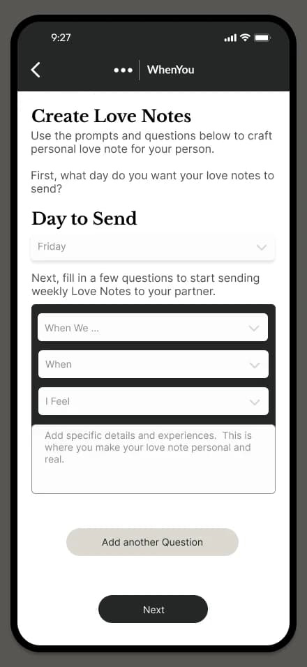 WhenYou original create-love-note screen with a day selector and writing prompts.