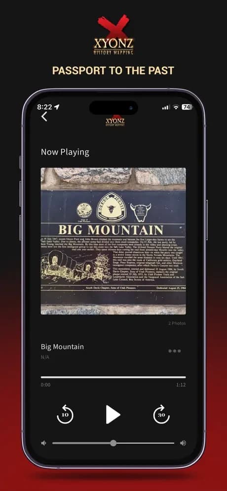 Xyonz audio playback screen for the Big Mountain historical story.