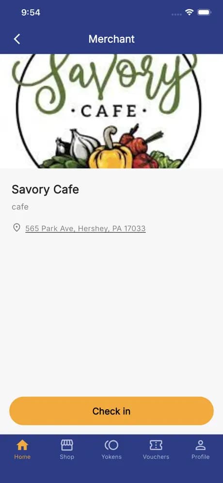 Yokl merchant page for a cafe in Hershey, PA with a Check in button.