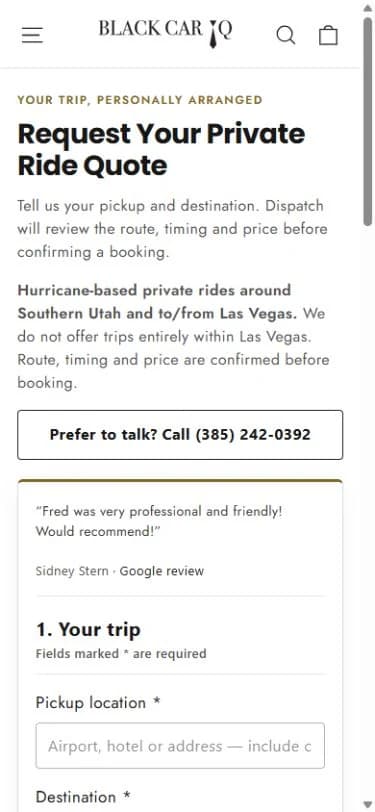 Mobile Black Car IQ quote page with trip information and an empty inquiry form.