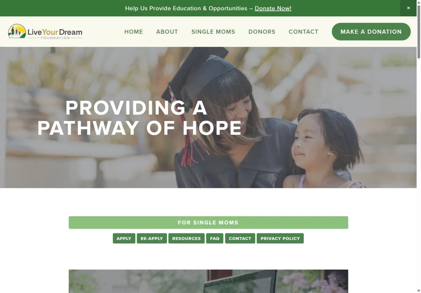 Live Your Dream Foundation single-mother resource page with application and resource navigation.