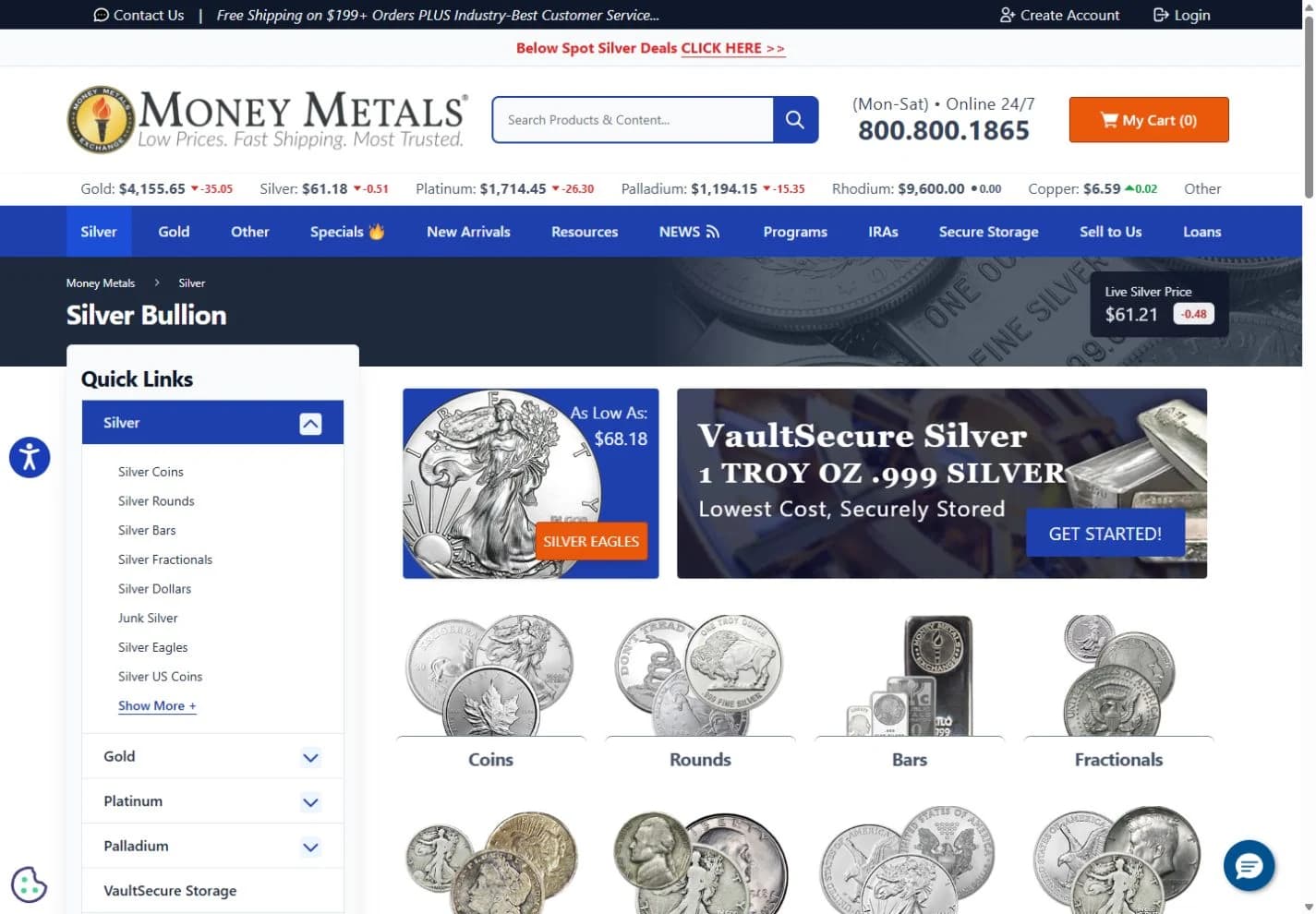 Money Metals silver catalog with coins, rounds, bars and product category navigation.
