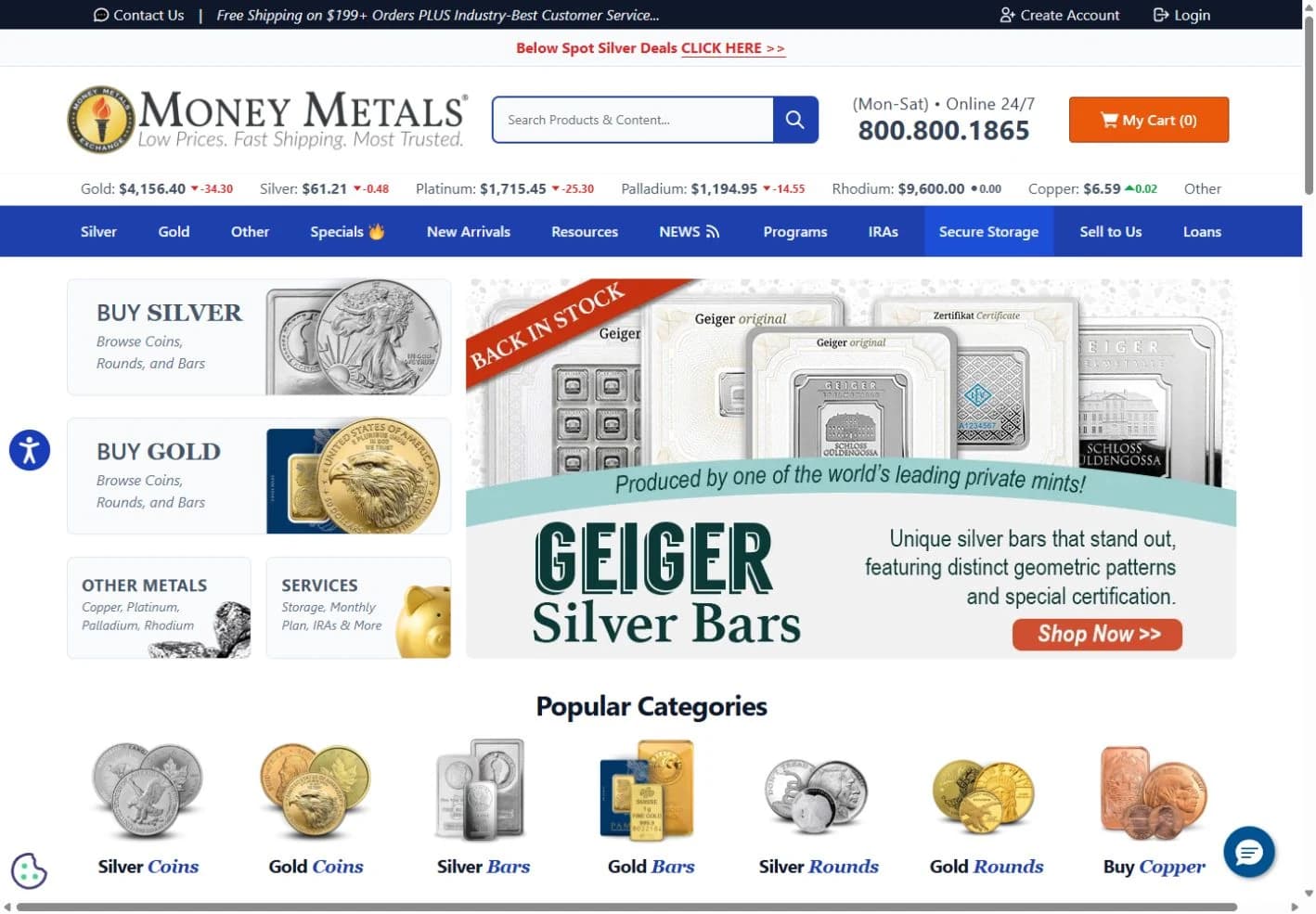 Money Metals storefront with precious metal categories, product search and navigation.