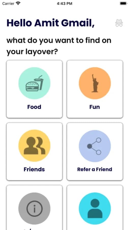 Crews home screen with Food, Fun and Friends discovery categories.