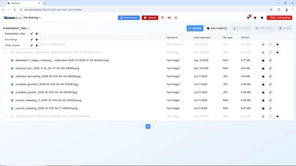 WebMeet published file-sharing interface with presentation folders and media files.